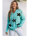 Green V Neck Star Pattern Hooded Sweater with Slits - M