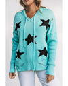 Green V Neck Star Pattern Hooded Sweater with Slits - M