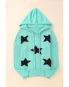 Green V Neck Star Pattern Hooded Sweater with Slits - M