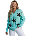 Green V Neck Star Pattern Hooded Sweater with Slits - M