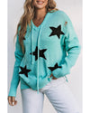 Green V Neck Star Pattern Hooded Sweater with Slits - M