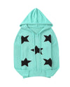 Green V Neck Star Pattern Hooded Sweater with Slits - S