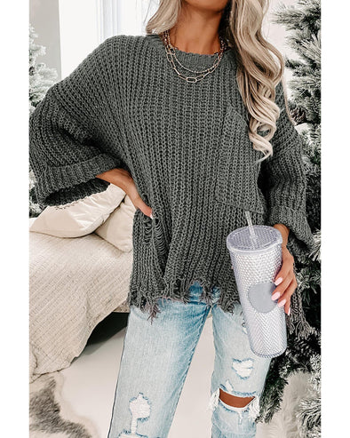 Gray Ripped Raw Hem Chunky Pullover Sweater - 2XL