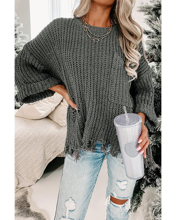 Gray Ripped Raw Hem Chunky Pullover Sweater - 2XL