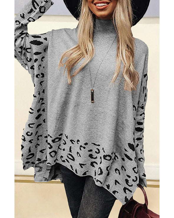 Gray Leopard High Neck Side Slit Oversized Sweater - L
