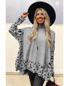 Gray Leopard High Neck Side Slit Oversized Sweater - L
