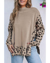 Khaki Leopard High Neck Side Slit Oversized Sweater - L