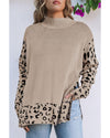 Khaki Leopard High Neck Side Slit Oversized Sweater - L