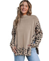 Khaki Leopard High Neck Side Slit Oversized Sweater - L