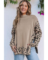 Khaki Leopard High Neck Side Slit Oversized Sweater - L