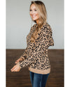 Khaki Leopard Knitted Drawstring Hooded Sweater - L