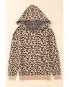 Khaki Leopard Knitted Drawstring Hooded Sweater - L