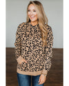 Khaki Leopard Knitted Drawstring Hooded Sweater - L