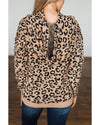 Khaki Leopard Knitted Drawstring Hooded Sweater - L
