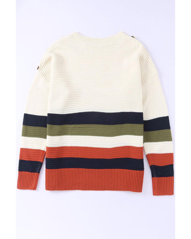 White Buttoned Shoulder Drop Shoulder Striped Sweater - M