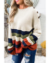 White Buttoned Shoulder Drop Shoulder Striped Sweater - M