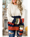 White Buttoned Shoulder Drop Shoulder Striped Sweater - S