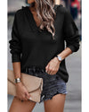 Black V Neck Ribbed Drop Shoulder Hooded Sweater - 2XL