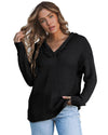 Black V Neck Ribbed Drop Shoulder Hooded Sweater - 2XL