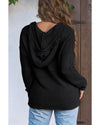 Black V Neck Ribbed Drop Shoulder Hooded Sweater - 2XL