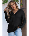 Black V Neck Ribbed Drop Shoulder Hooded Sweater - 2XL
