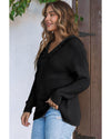 Black V Neck Ribbed Drop Shoulder Hooded Sweater - 2XL