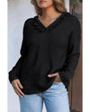 Black V Neck Ribbed Drop Shoulder Hooded Sweater - 2XL