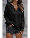 Black V Neck Ribbed Drop Shoulder Hooded Sweater - 2XL