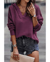V Neck Ribbed Drop Shoulder Hooded Sweater - M