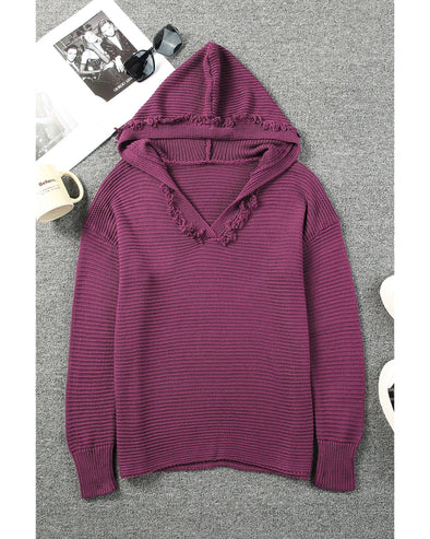 V Neck Ribbed Drop Shoulder Hooded Sweater - S