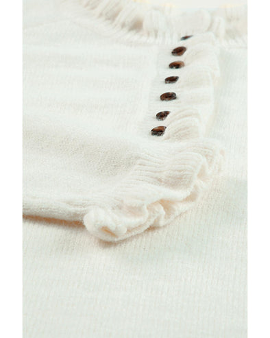 Beige Frill Trim Buttoned Knit Pullover Sweater - L