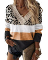 Khaki Leopard Color Block Long Sleeve Sweater - M