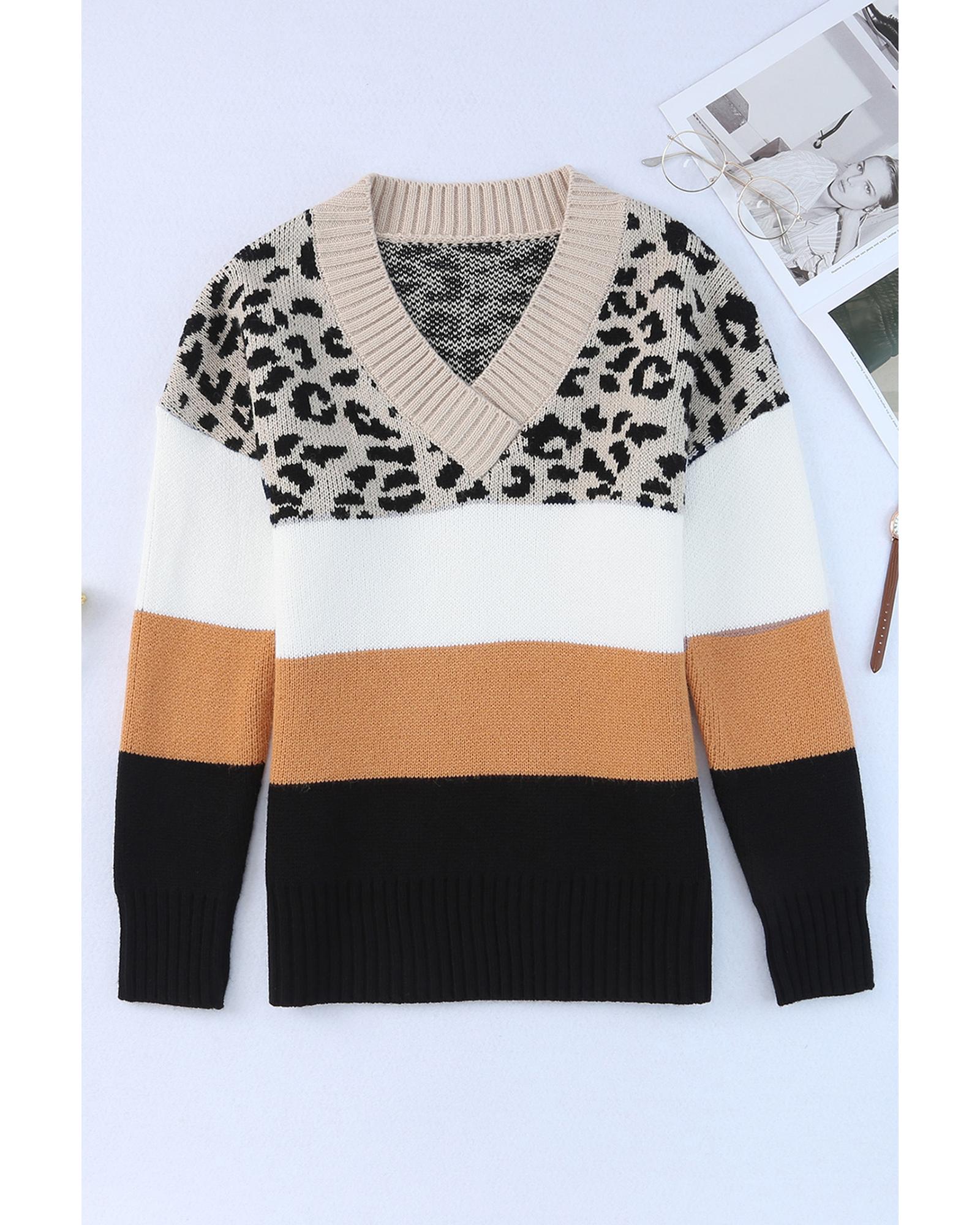 Khaki Leopard Color Block Long Sleeve Sweater - XL