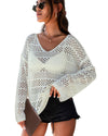 White Hollow Out Crochet V Neck Pullover Sweater - L