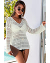 White Hollow Out Crochet V Neck Pullover Sweater - L