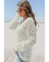 White Hollow Out Crochet V Neck Pullover Sweater - XL