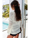 White Hollow Out Crochet V Neck Pullover Sweater - XL