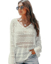 White Hollow Out Crochet V Neck Pullover Sweater - XL