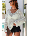 White Hollow Out Crochet V Neck Pullover Sweater - XL