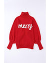 Azura Exchange Red Merry Letter Embroidered High Neck Sweater - M