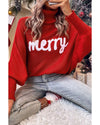 Azura Exchange Red Merry Letter Embroidered High Neck Sweater - M