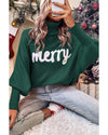 Blackish Green Merry Letter Embroidered High Neck Sweater - 2XL
