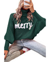 Blackish Green Merry Letter Embroidered High Neck Sweater - M