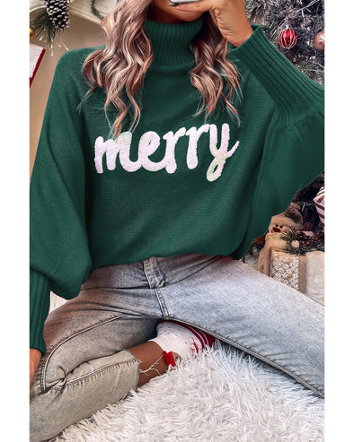 Blackish Green Merry Letter Embroidered High Neck Sweater - XL