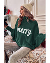 Blackish Green Merry Letter Embroidered High Neck Sweater - XL