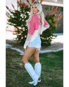 Pink Color Block Eyelet Long Sleeve Twisted Back Knit Top - M