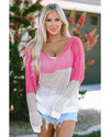 Pink Color Block Eyelet Long Sleeve Twisted Back Knit Top - M