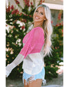 Pink Color Block Eyelet Long Sleeve Twisted Back Knit Top - M