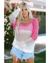 Pink Color Block Eyelet Long Sleeve Twisted Back Knit Top - M