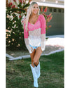 Pink Color Block Eyelet Long Sleeve Twisted Back Knit Top - M